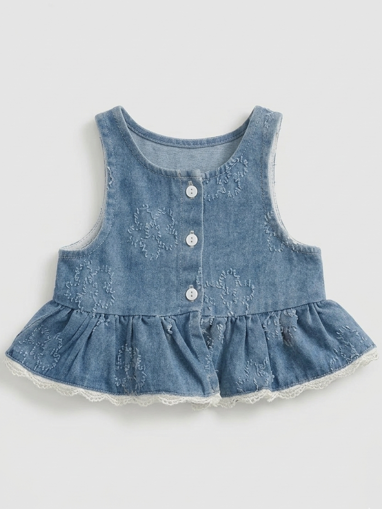 Girls 2pcs Set Embroidered Denim Dress 